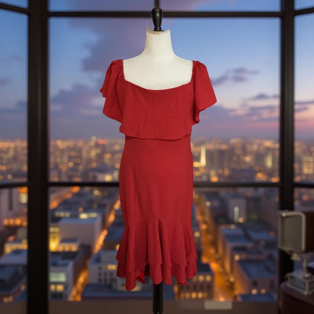 Boston Proper Red Midi Dress Size 12 on off shoulder ruffles spandex stretch - Picture 3 of 16